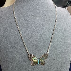 Artistry Abalone Shell Butterfly Necklace Silver Tone Turquoise Blue